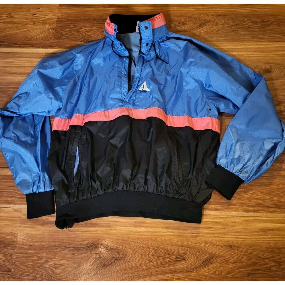 Blue and Black Windbreaker Jacket with Coral Accent